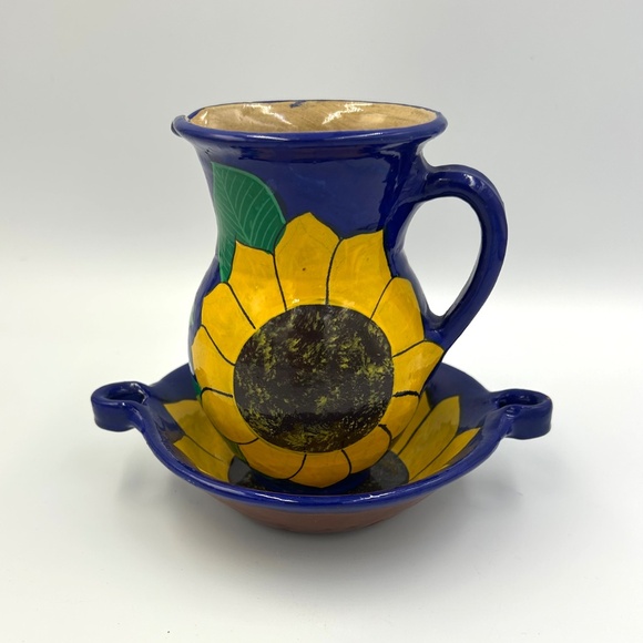 Vintage Mexican Talavera Pottery Sunflower Jug & Bowl Hand Painted Folk Art Boho - Picture 2 of 10